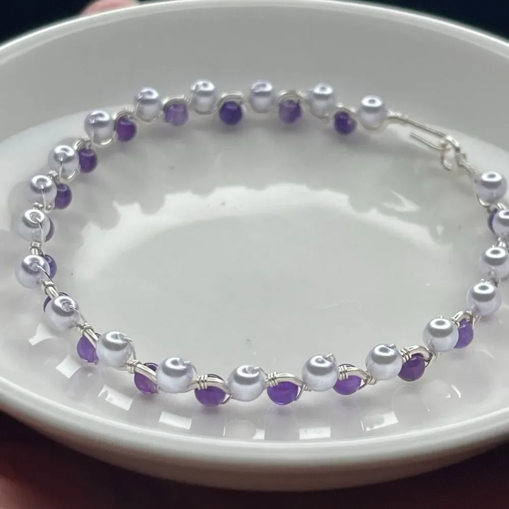 Rebekah bangle bracelet 8” silver copper core lavender purple shell beads pearls